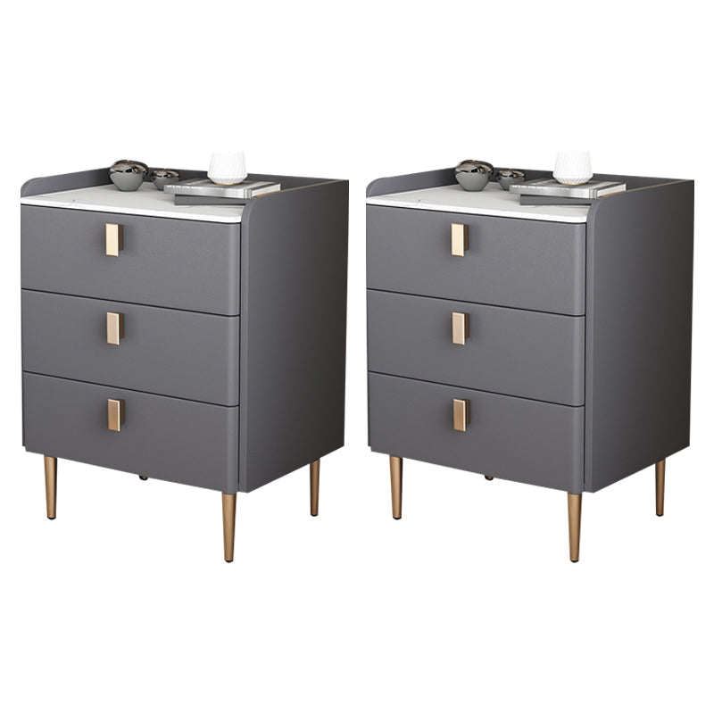 Contemporary Bed Nightstand Stone Bedside Cabinet with 3 Drawers Dark Gray Gold 2 Piece Set Clearhalo 'Bedroom Furniture' 'furn' 'furn_night_stand' 'Furniture' 'night_stand' 'Nightstands' 7357083