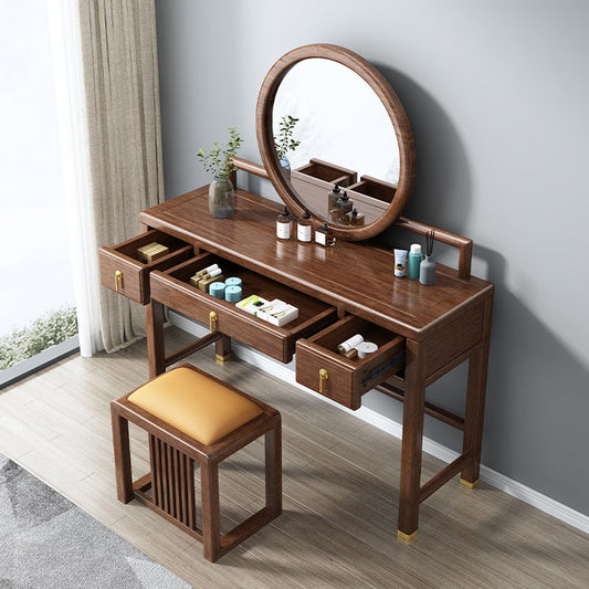 Traditional 3 Drawers Walnut Wood Mirrored Makeup Table Desk Vanity in Brown