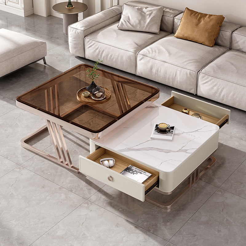 2 Nesting Coffee Table Set Slate & Glass Top Square Cocktail Table with Drawers