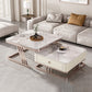 2 Nesting Coffee Table Set Slate & Glass Top Square Cocktail Table with Drawers