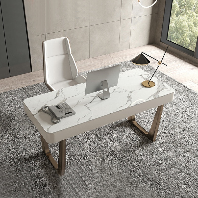 Bureau de bureau en pierre moderne bureau de tâche de forme rectangulaire avec 3 tiroirs en blanc
