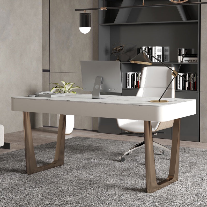 Bureau de bureau en pierre moderne bureau de tâche de forme rectangulaire avec 3 tiroirs en blanc