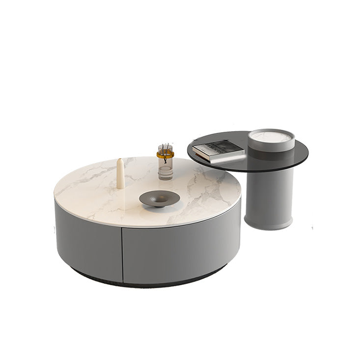 Drum Coffee Table Contemporary Stone Cocktail Table with 2 Storage Drawers 31"L x 31"W x 13"H+24"L x 24"W x 16"H Clearhalo 'Coffee & Accent Tables' 'Coffee Tables' 'coffee_tables' 'furn' 'furn_coffee_tables' 'Furniture' 'Living Room Furniture' 7363584