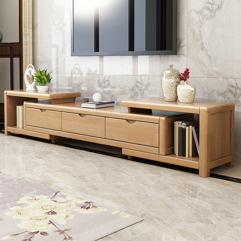 Scandinavian Rubber Wood Media Console Open Shelving TV Stand with Drawers 68.9"L x 15"W x 16.9"H Natural Clearhalo 'furn' 'furn_tv_stands_entertainment_centers' 'Furniture' 'Living Room Furniture' 'TV Stands & Entertainment Centers' 'TV Stands & Media Storage Furniture' 'tv_stands_entertainment_centers' 7365014