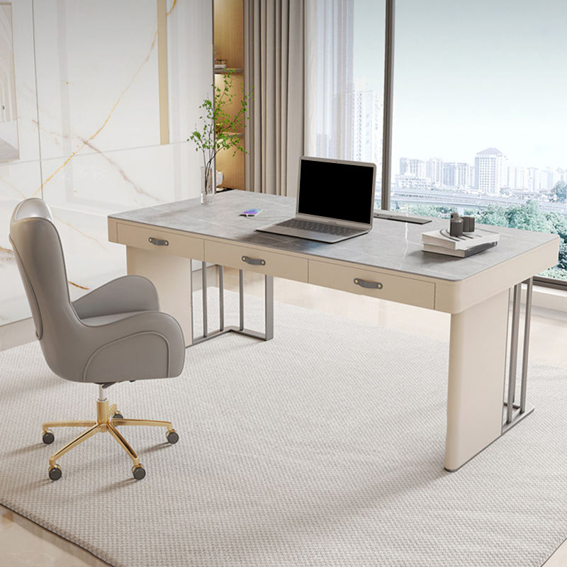 Modern Stone Office Desk Rectangular Shape Task Desk with 3 Drawers in Grey 63"L x 27.6"W x 29.5"H Clearhalo 'furn' 'furn_office_desk' 'Furniture' 'Office Desks' 'Office Furniture' 'office_desk' 7365105