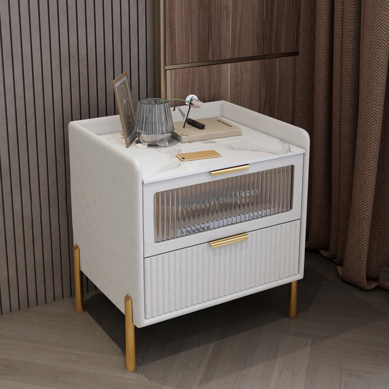 Classic Glam Bed Nightstand Stone Accent Table Nightstand with Drawers White 1 Piece Clearhalo 'Bedroom Furniture' 'furn' 'furn_night_stand' 'Furniture' 'night_stand' 'Nightstands' 7371083