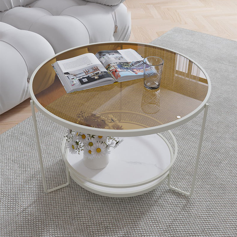 Contemporary Glass Top Coffee Table Round Metal Frame Cocktail Table Brown Clearhalo 'Coffee & Accent Tables' 'Coffee Tables' 'coffee_tables' 'furn' 'furn_coffee_tables' 'Furniture' 'Living Room Furniture' 7375106