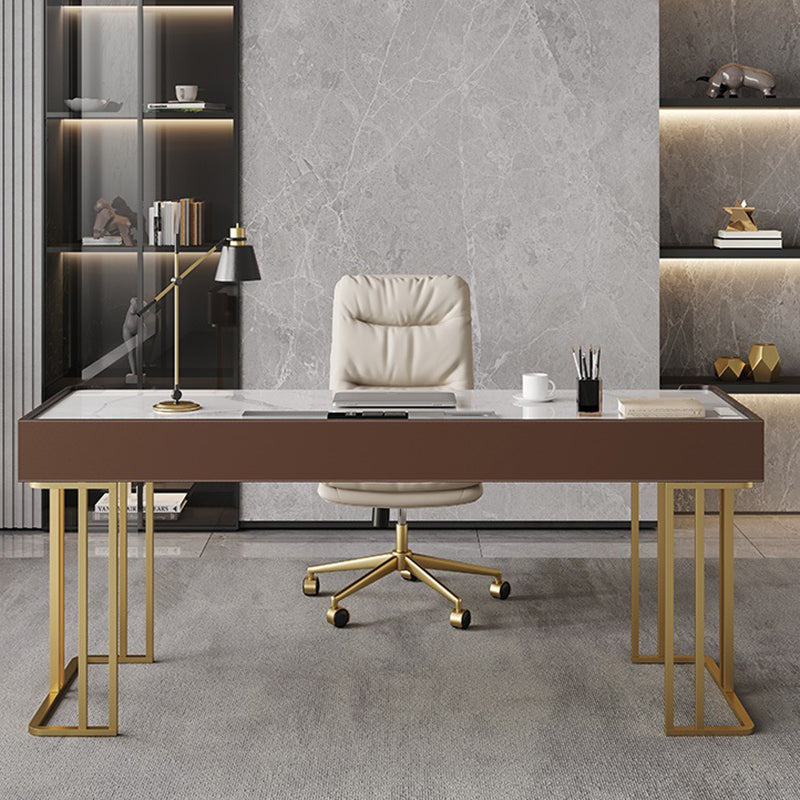 Mesa de computadora portátil de oficina en forma rectangular reversible en escritorio de escritura de grises con 3 cajones