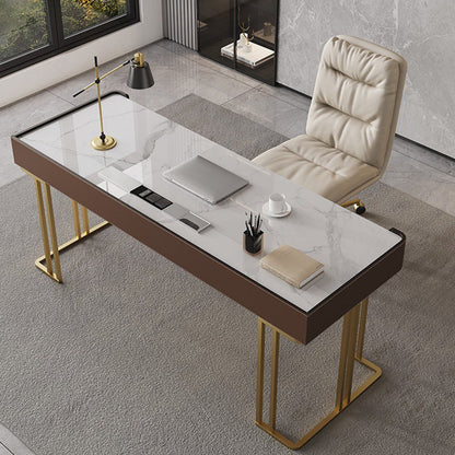 Mesa de computadora portátil de oficina en forma rectangular reversible en escritorio de escritura de grises con 3 cajones