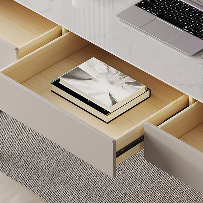 Mesa de computadora portátil de oficina en forma rectangular reversible en escritorio de escritura de grises con 3 cajones