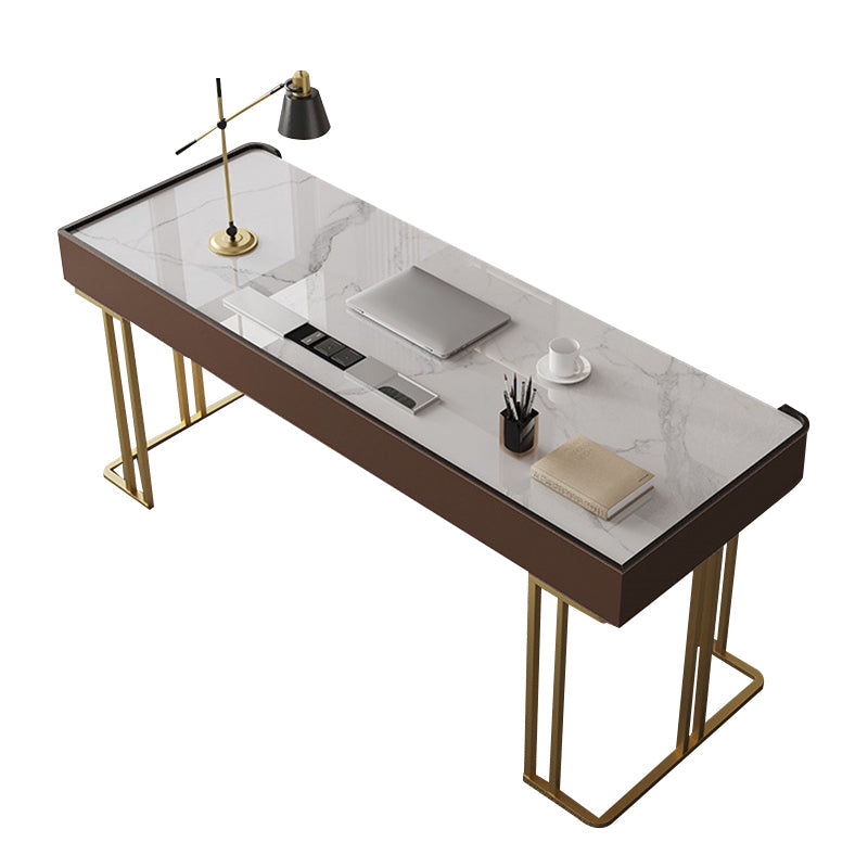 Mesa de computadora portátil de oficina en forma rectangular reversible en escritorio de escritura de grises con 3 cajones