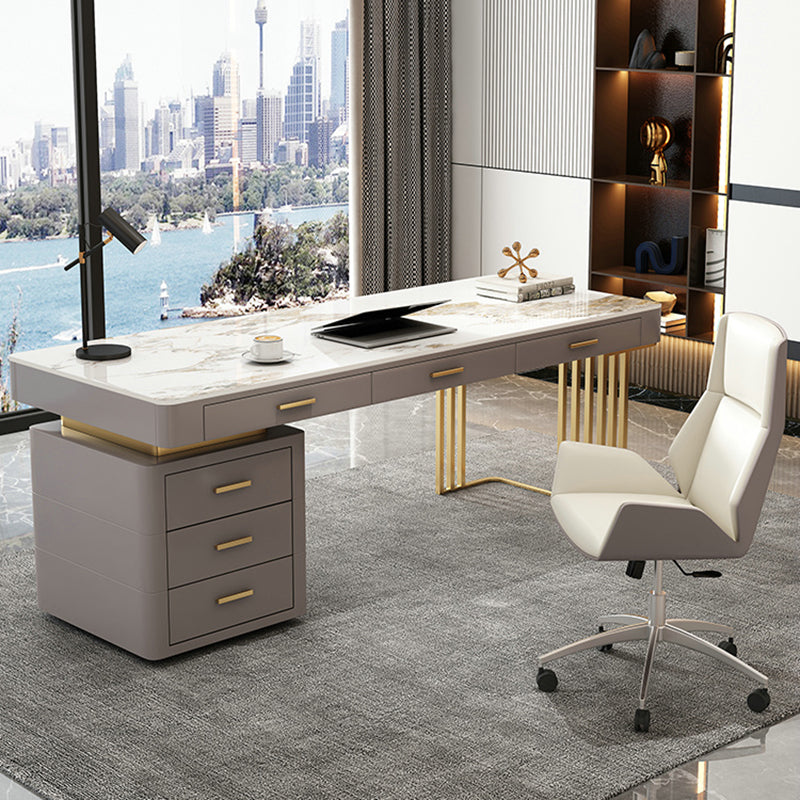 Glam Writing Desk Stone Rectangle 29.53" Tall Office Desk with Drawers Clearhalo 'furn' 'furn_office_desk' 'Furniture' 'Office Desks' 'Office Furniture' 'office_desk' 7379336