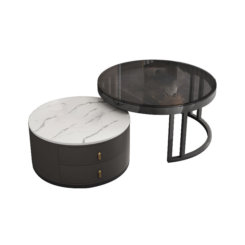 Round Tropical Coffee Table Storage 2 Nesting Coffee Table Set Black White Glass Clearhalo 'Coffee & Accent Tables' 'Coffee Tables' 'coffee_tables' 'furn' 'furn_coffee_tables' 'Furniture' 'Living Room Furniture' 7379596