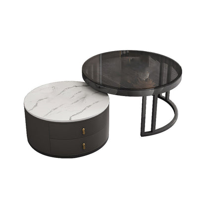 Round Tropical Coffee Table Storage 2 Nesting Coffee Table Set Black White Glass Clearhalo 'Coffee & Accent Tables' 'Coffee Tables' 'coffee_tables' 'furn' 'furn_coffee_tables' 'Furniture' 'Living Room Furniture' 7379596