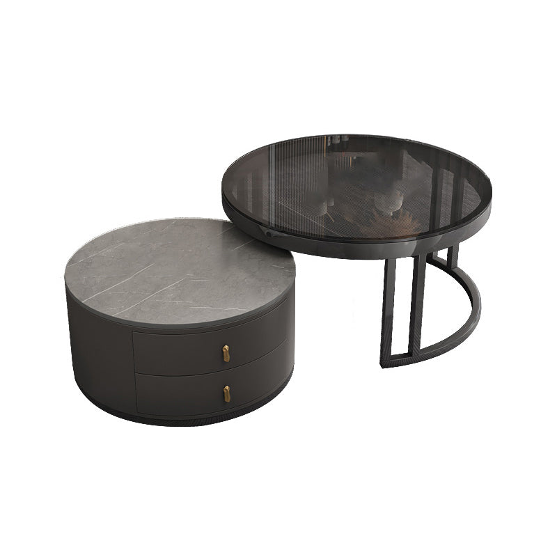 Round Tropical Coffee Table Storage 2 Nesting Coffee Table Set Black-Gray Glass Clearhalo 'Coffee & Accent Tables' 'Coffee Tables' 'coffee_tables' 'furn' 'furn_coffee_tables' 'Furniture' 'Living Room Furniture' 7379598