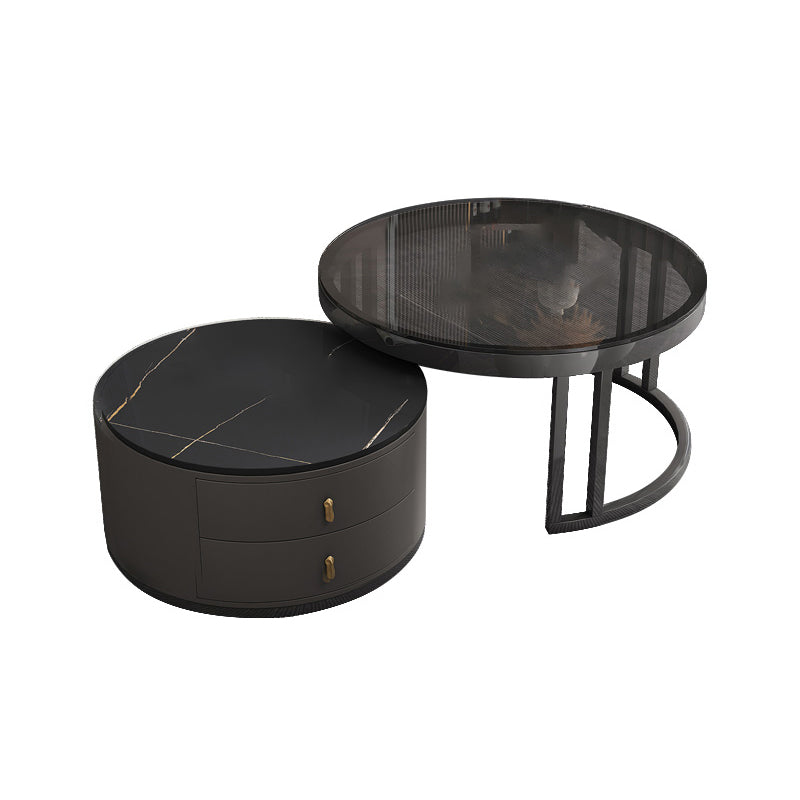 Round Tropical Coffee Table Storage 2 Nesting Coffee Table Set Black-Gold Glass Clearhalo 'Coffee & Accent Tables' 'Coffee Tables' 'coffee_tables' 'furn' 'furn_coffee_tables' 'Furniture' 'Living Room Furniture' 7379600