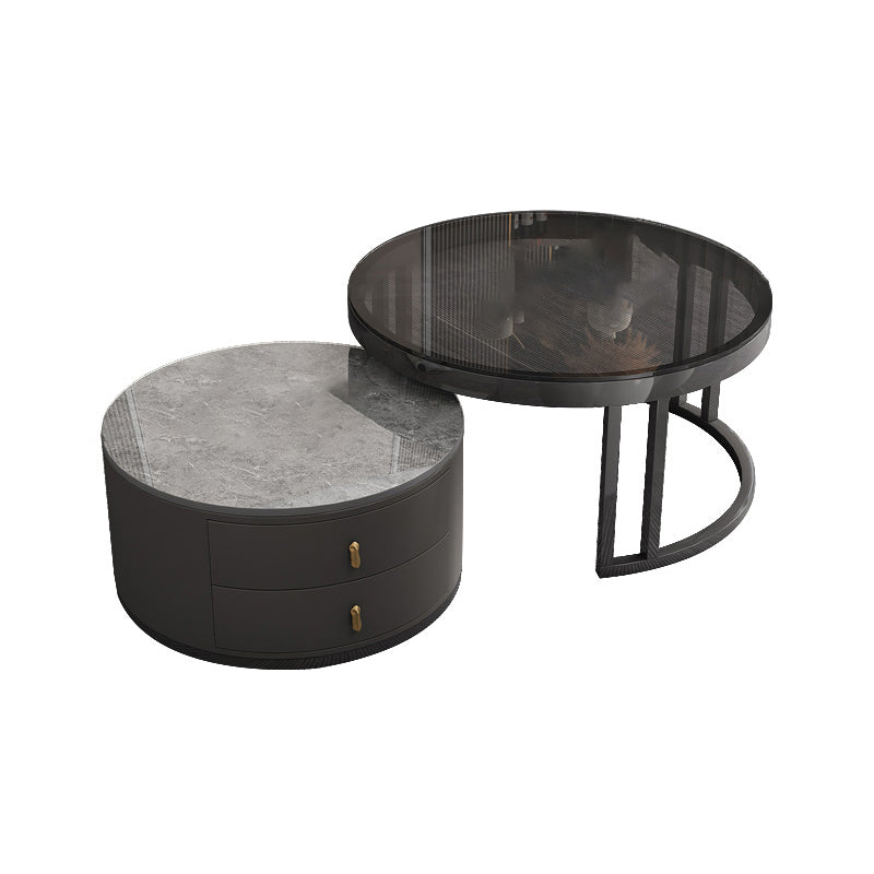 Round Tropical Coffee Table Storage 2 Nesting Coffee Table Set Black Gray Glass Clearhalo 'Coffee & Accent Tables' 'Coffee Tables' 'coffee_tables' 'furn' 'furn_coffee_tables' 'Furniture' 'Living Room Furniture' 7379603
