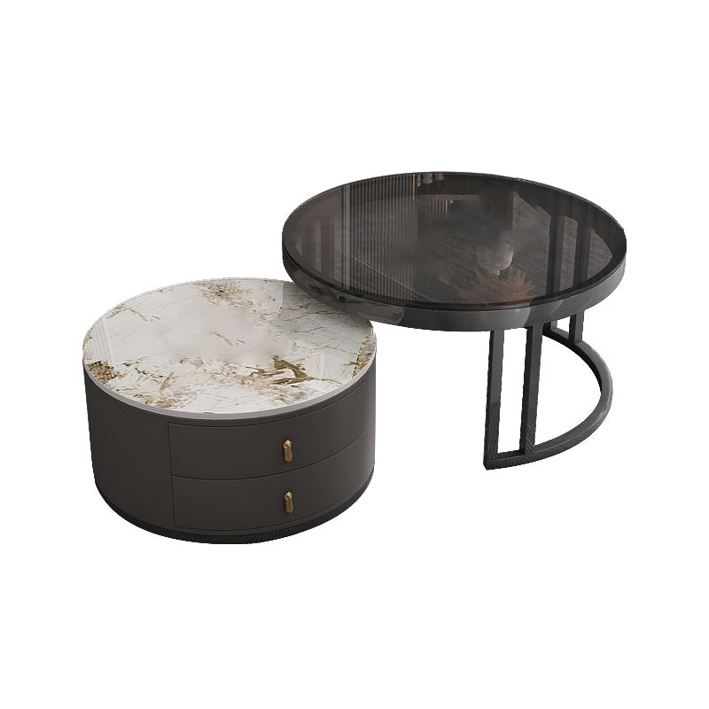 Round Tropical Coffee Table Storage 2 Nesting Coffee Table Set Pandora Black Glass Clearhalo 'Coffee & Accent Tables' 'Coffee Tables' 'coffee_tables' 'furn' 'furn_coffee_tables' 'Furniture' 'Living Room Furniture' 7379607