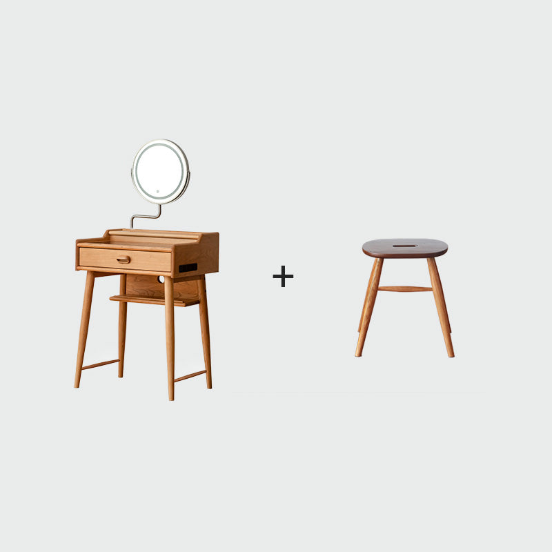 Minimalism Solid Wood Makeup Table Vanity Stool with Drawers and Mirror Cherry Wood Clearhalo 'Bedroom Furniture' 'furn' 'furn_makeup_vanities' 'Furniture' 'Makeup Vanities' 'makeup_vanities' 7381888
