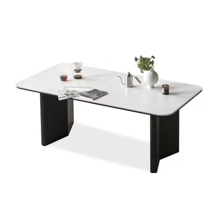 Table à manger blanche avec base en bois noir, Table de dinette rectangulaire pour la maison