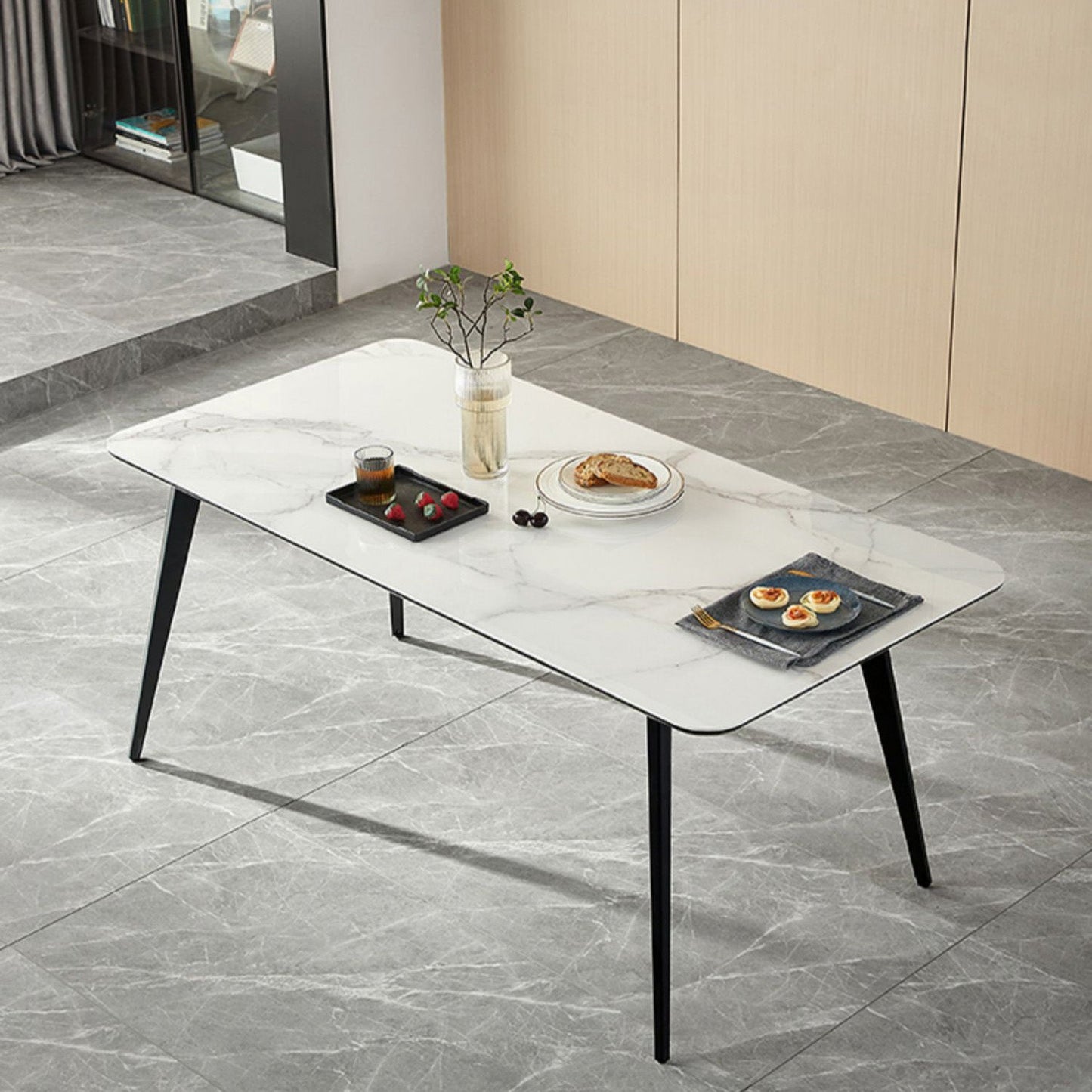 Polished Finish Dinette Table with Metal Legs Stone Top Indoor Dining Table Clearhalo 'Dining Tables & Seating' 'Dining Tables' 'dining_table' 'furn' 'furn_dining_table' 'Furniture' 'Kitchen & Dining Furniture' 7382923