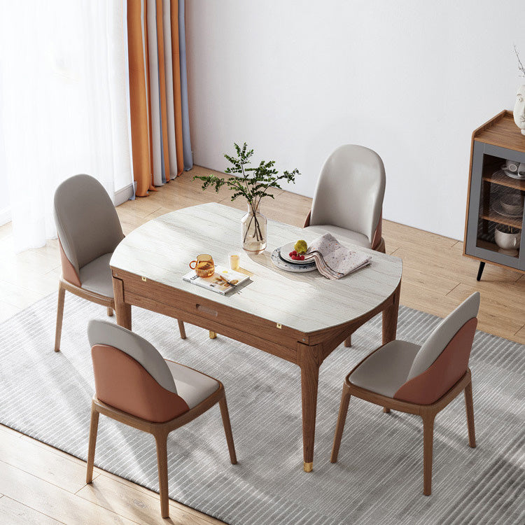 Tavolo da pranzo moderno scalabile in pietra con gambe in legno massello per sala da pranzo