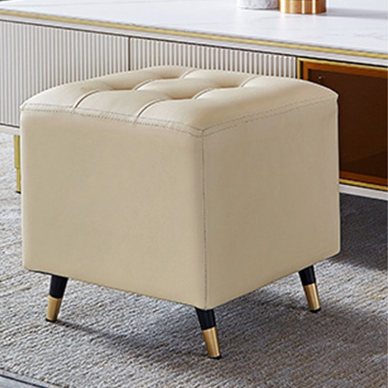 Glam Pouf Ottoman Genuine Leather Upholstered Tufted Square Ottoman with Metal Legs Off-White 1 Piece Clearhalo 'furn' 'furn_ottomans_poufs' 'Furniture' 'Living Room Furniture' 'Ottomans & Poufs' 'ottomans_poufs' 7383995