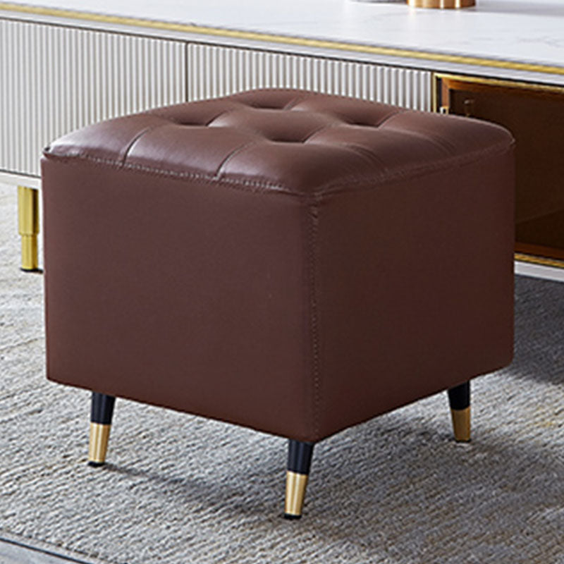 Glam Pouf Ottoman Genuine Leather Upholstered Tufted Square Ottoman with Metal Legs Coffee 1 Piece Clearhalo 'furn' 'furn_ottomans_poufs' 'Furniture' 'Living Room Furniture' 'Ottomans & Poufs' 'ottomans_poufs' 7384001