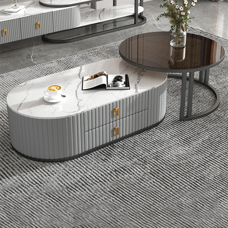 Oval Tropical Coffee Table Slate Storage 2 Nesting Coffee Table Set Clearhalo 'Coffee & Accent Tables' 'Coffee Tables' 'coffee_tables' 'furn' 'furn_coffee_tables' 'Furniture' 'Living Room Furniture' 7384093