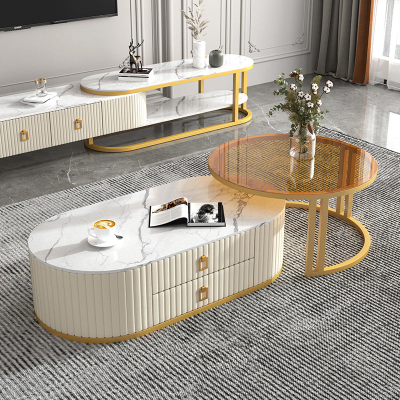 Oval Tropical Coffee Table Slate Storage 2 Nesting Coffee Table Set 39"L x 20"W x 14"H + 28"L x 28"W x 18"H Gold-White Gold Clearhalo 'Coffee & Accent Tables' 'Coffee Tables' 'coffee_tables' 'furn' 'furn_coffee_tables' 'Furniture' 'Living Room Furniture' 7384094