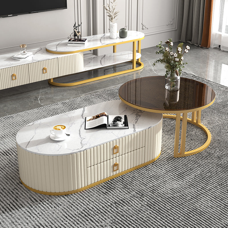 Oval Tropical Coffee Table Slate Storage 2 Nesting Coffee Table Set 39"L x 20"W x 14"H + 28"L x 28"W x 18"H Black White Gold Clearhalo 'Coffee & Accent Tables' 'Coffee Tables' 'coffee_tables' 'furn' 'furn_coffee_tables' 'Furniture' 'Living Room Furniture' 7384095