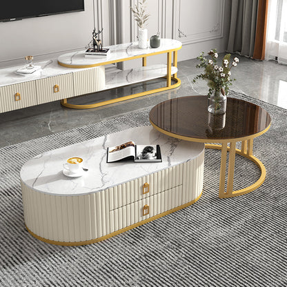Oval Tropical Coffee Table Slate Storage 2 Nesting Coffee Table Set 39"L x 20"W x 14"H + 28"L x 28"W x 18"H Black White Gold Clearhalo 'Coffee & Accent Tables' 'Coffee Tables' 'coffee_tables' 'furn' 'furn_coffee_tables' 'Furniture' 'Living Room Furniture' 7384095