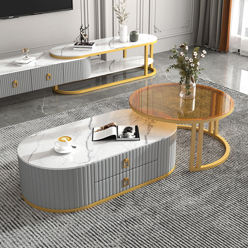 Oval Tropical Coffee Table Slate Storage 2 Nesting Coffee Table Set 39"L x 20"W x 14"H + 28"L x 28"W x 18"H Grey-Gold-White Gold Clearhalo 'Coffee & Accent Tables' 'Coffee Tables' 'coffee_tables' 'furn' 'furn_coffee_tables' 'Furniture' 'Living Room Furniture' 7384097