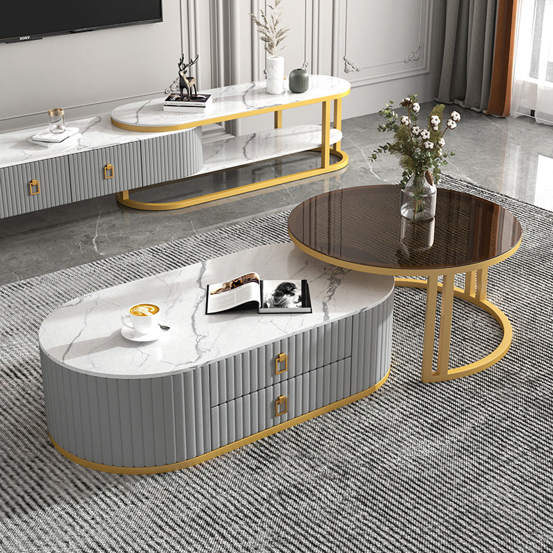 Oval Tropical Coffee Table Slate Storage 2 Nesting Coffee Table Set 39"L x 20"W x 14"H + 28"L x 28"W x 18"H Black White Gray Gold Clearhalo 'Coffee & Accent Tables' 'Coffee Tables' 'coffee_tables' 'furn' 'furn_coffee_tables' 'Furniture' 'Living Room Furniture' 7384099