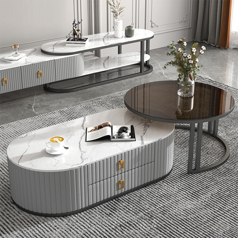 Oval Tropical Coffee Table Slate Storage 2 Nesting Coffee Table Set Clearhalo 'Coffee & Accent Tables' 'Coffee Tables' 'coffee_tables' 'furn' 'furn_coffee_tables' 'Furniture' 'Living Room Furniture' 7384100