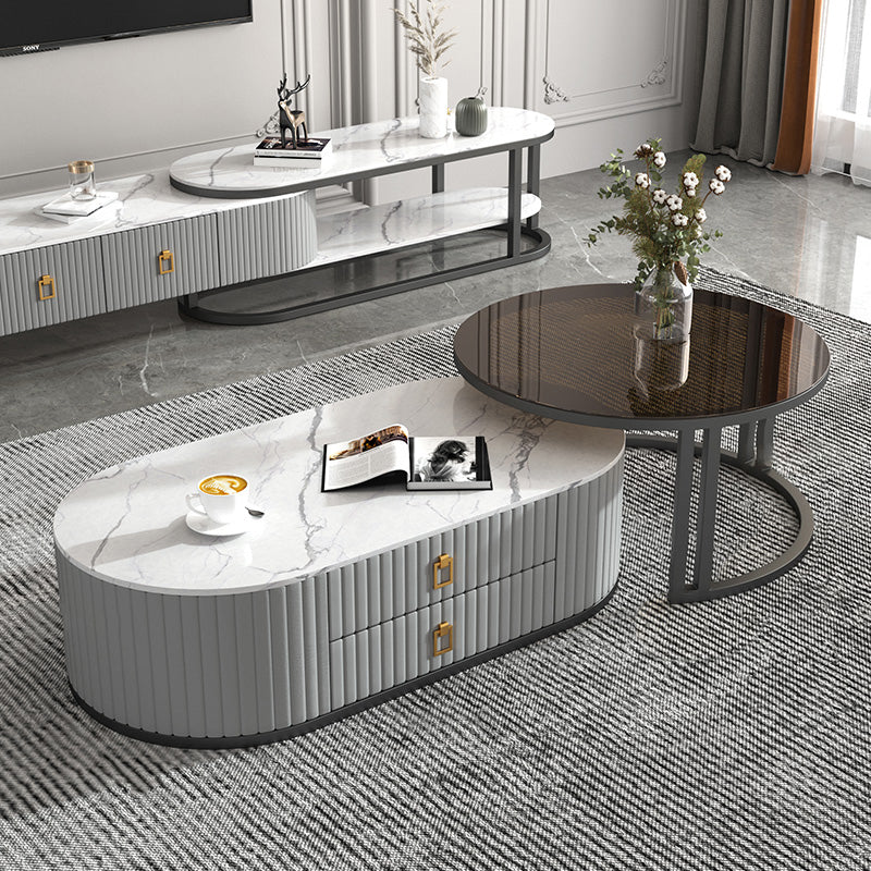 Oval Tropical Coffee Table Slate Storage 2 Nesting Coffee Table Set Black White Gray Clearhalo 'Coffee & Accent Tables' 'Coffee Tables' 'coffee_tables' 'furn' 'furn_coffee_tables' 'Furniture' 'Living Room Furniture' 7384102