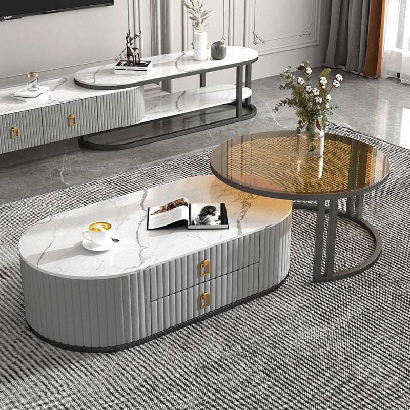 Oval Tropical Coffee Table Slate Storage 2 Nesting Coffee Table Set Grey-Gold-White Black Clearhalo 'Coffee & Accent Tables' 'Coffee Tables' 'coffee_tables' 'furn' 'furn_coffee_tables' 'Furniture' 'Living Room Furniture' 7384103