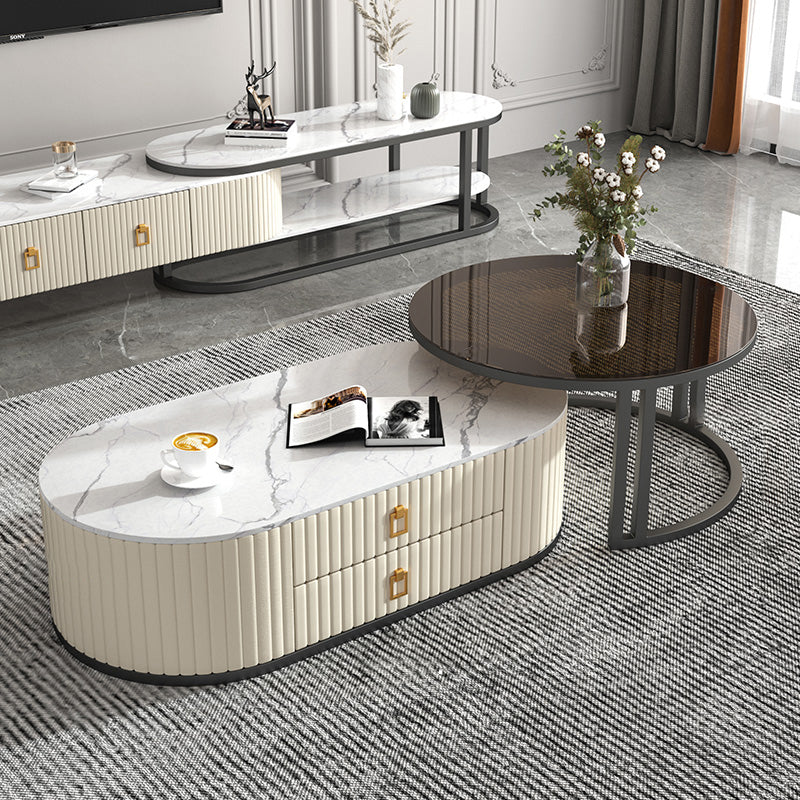 Oval Tropical Coffee Table Slate Storage 2 Nesting Coffee Table Set Black White Black Clearhalo 'Coffee & Accent Tables' 'Coffee Tables' 'coffee_tables' 'furn' 'furn_coffee_tables' 'Furniture' 'Living Room Furniture' 7384105