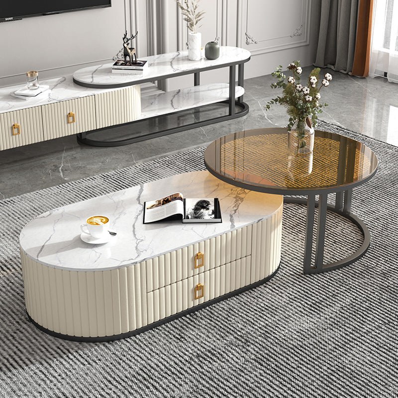 Oval Tropical Coffee Table Slate Storage 2 Nesting Coffee Table Set Gold-White Black Clearhalo 'Coffee & Accent Tables' 'Coffee Tables' 'coffee_tables' 'furn' 'furn_coffee_tables' 'Furniture' 'Living Room Furniture' 7384107