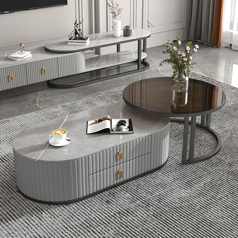 Oval Tropical Coffee Table Slate Storage 2 Nesting Coffee Table Set Black-Gray Black Clearhalo 'Coffee & Accent Tables' 'Coffee Tables' 'coffee_tables' 'furn' 'furn_coffee_tables' 'Furniture' 'Living Room Furniture' 7384110