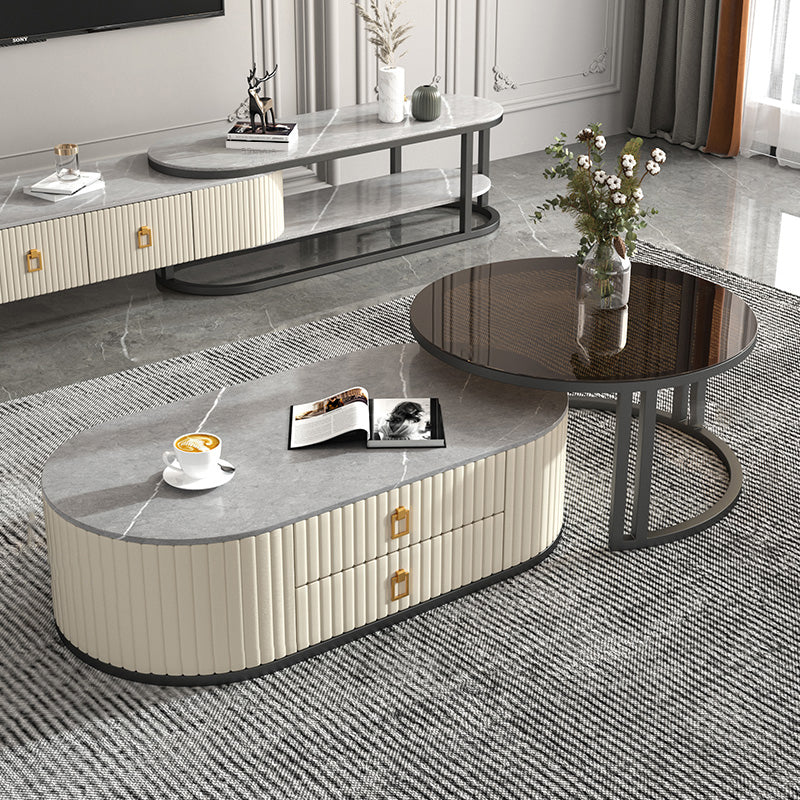 Oval Tropical Coffee Table Slate Storage 2 Nesting Coffee Table Set Black Gray-White Black Clearhalo 'Coffee & Accent Tables' 'Coffee Tables' 'coffee_tables' 'furn' 'furn_coffee_tables' 'Furniture' 'Living Room Furniture' 7384112