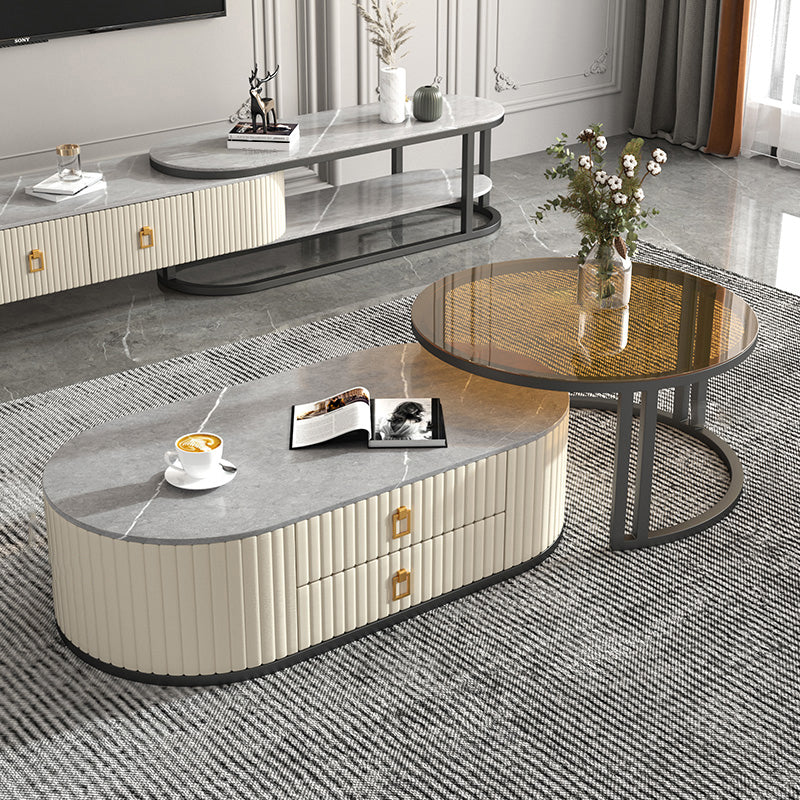 Oval Tropical Coffee Table Slate Storage 2 Nesting Coffee Table Set Grey-Gold Black Clearhalo 'Coffee & Accent Tables' 'Coffee Tables' 'coffee_tables' 'furn' 'furn_coffee_tables' 'Furniture' 'Living Room Furniture' 7384113