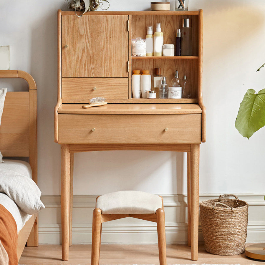Solid Wood Makeup Table Vanity Stool with Drawers and Mirror in Natural