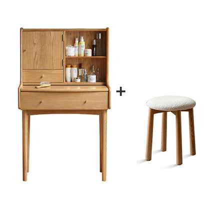 Solid Wood Makeup Table Vanity Stool with Drawers and Mirror in Natural