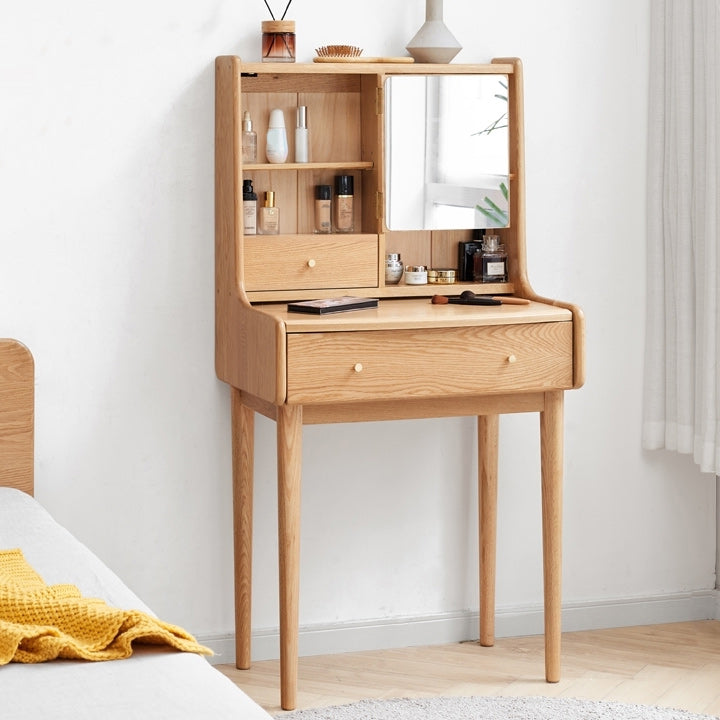 Solid Wood Makeup Table Vanity Stool with Drawers and Mirror in Natural