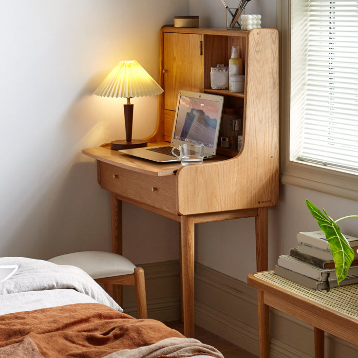 Solid Wood Makeup Table Vanity Stool with Drawers and Mirror in Natural