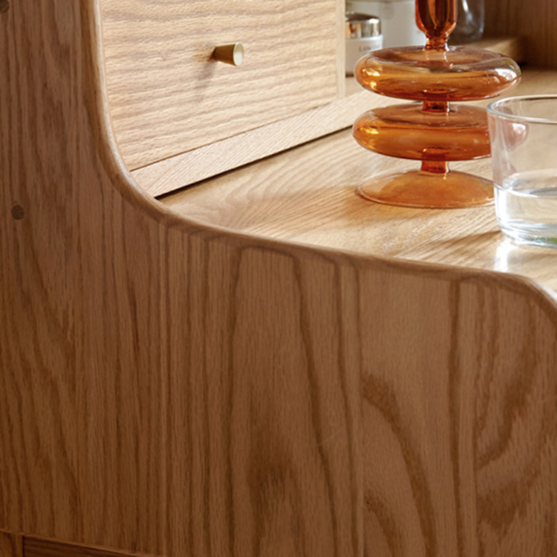 Solid Wood Makeup Table Vanity Stool with Drawers and Mirror in Natural