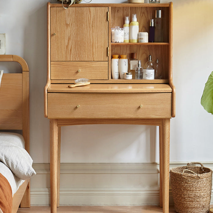 Solid Wood Makeup Table Vanity Stool with Drawers and Mirror in Natural