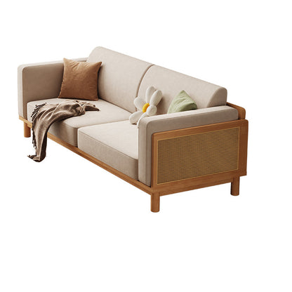 89" Wide Square Arm Sofa 3-Seater Solid Wood Sofa with Rattan Accent