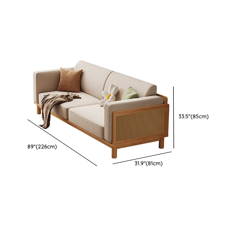 89" Wide Square Arm Sofa 3-Seater Solid Wood Sofa with Rattan Accent